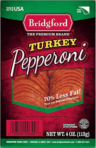 Bridgford Bridgford Sliced Turkey Pepperoni 4 oz Pack of 2 - Pepperoni Slices for Pizza and Sandwiches - Naturally Smoked Turkey Pepperoni for Low-Carb Keto Diets - Healthy Pepperoni Alternative for Snacking