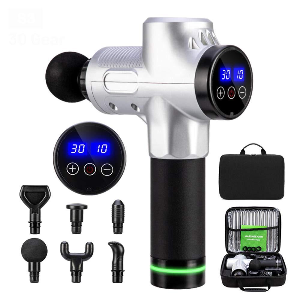 KDFJ KDFJ 30 Gears LCD Touch Screen High Frequency Massage Gun Muscle Relax Body Relaxation Electric Massager with Portable Bag 6 Heads-30 Gears-Silver