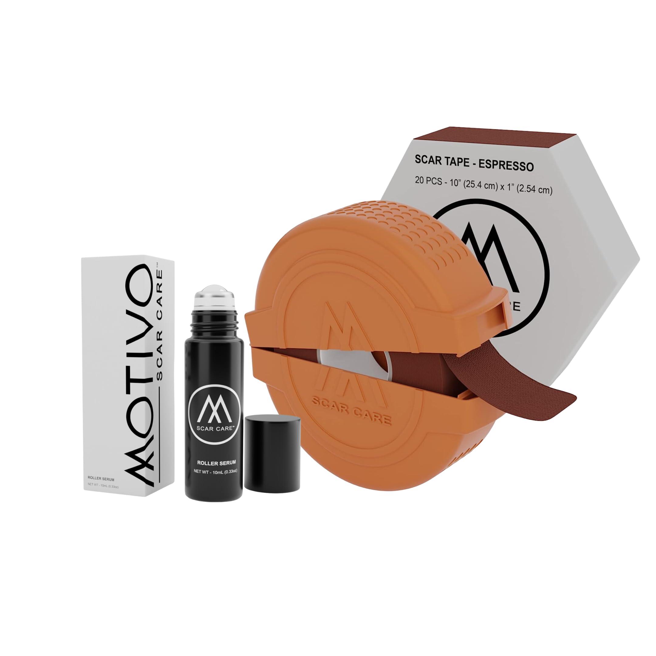 Motivo Scar Care Motivo Advanced Scar Care Bundle: Scar Tape & Roller Serum (10ml) | Water & Sweat Resistant, Long-Lasting, Suitable for All Skin Types | Ideal for Surgical, C-Section, Trauma, & Acne Scars | Espresso