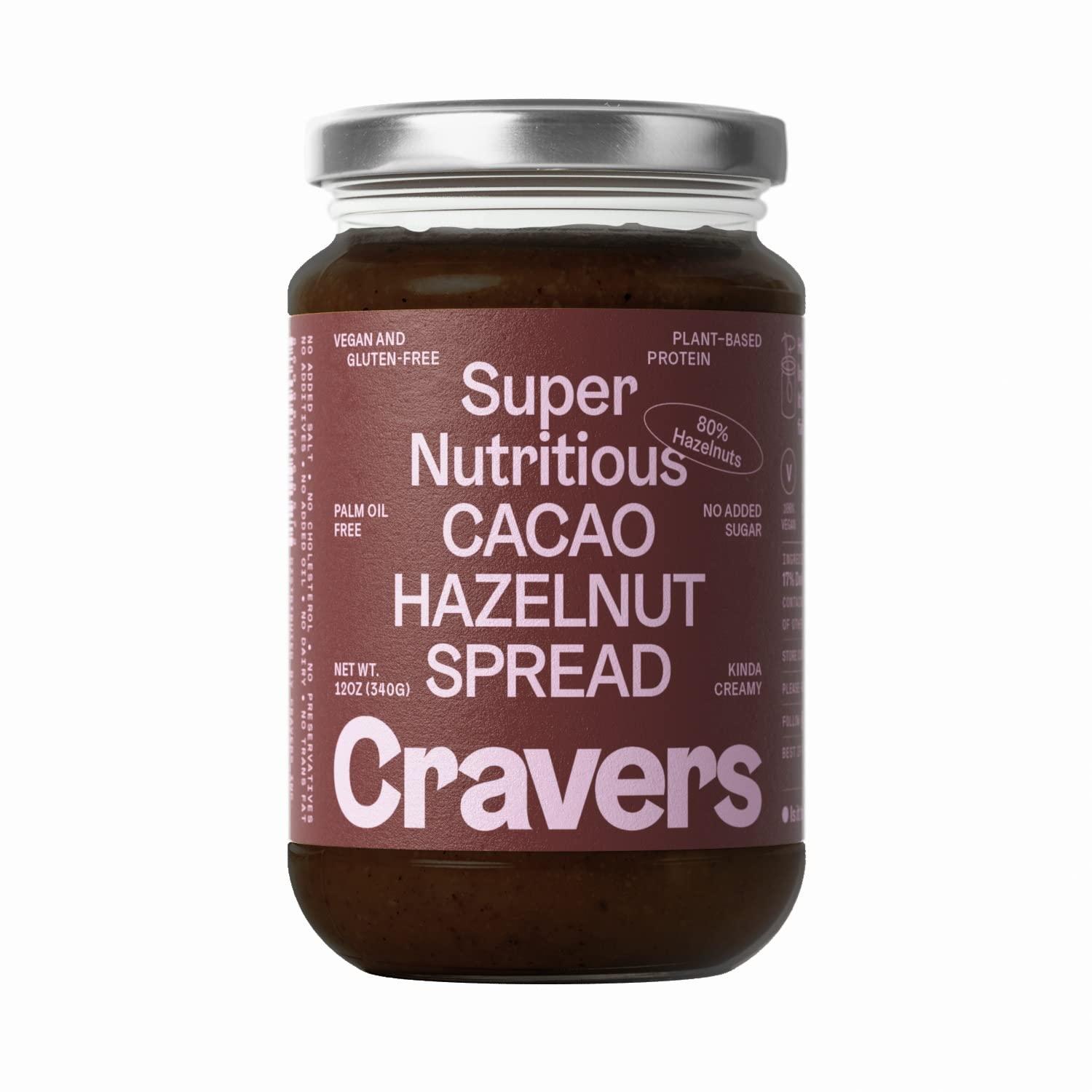 Cravers Cravers Cacao Hazelnut Spread - No Sugar Added, Vegan, Palm Oil Free & Non-GMO, Creamy Chocolate Spread | 12 oz Jar | High Protein, Kosher, Gluten Free