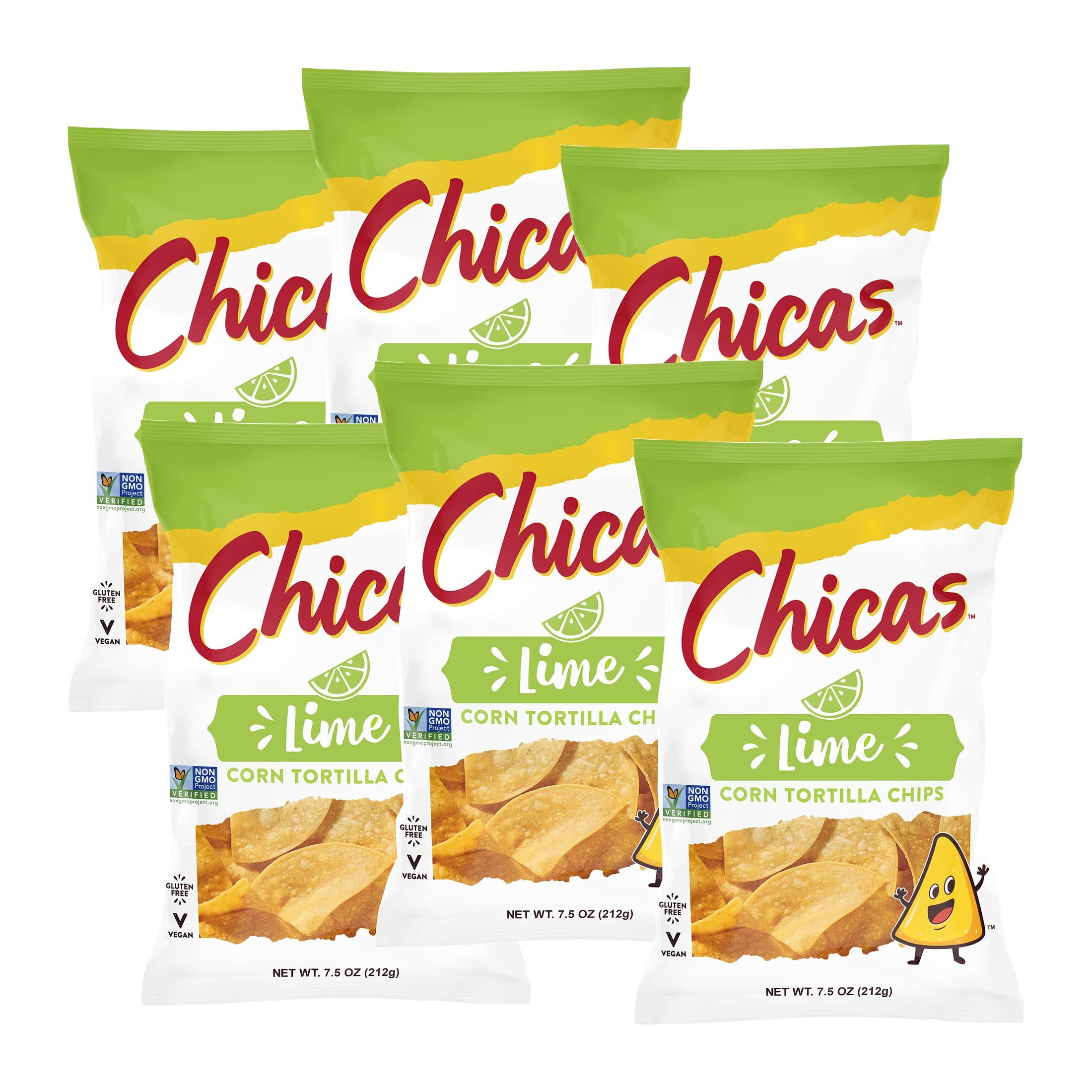 Chicas Chicas Tortilla Chips, White Corn Tortilla Chips Lime, Gluten Free, Vegan, Non-GMO, For Dips, Spreads & More, 7.5 Ounce Bag (Pack of 6)