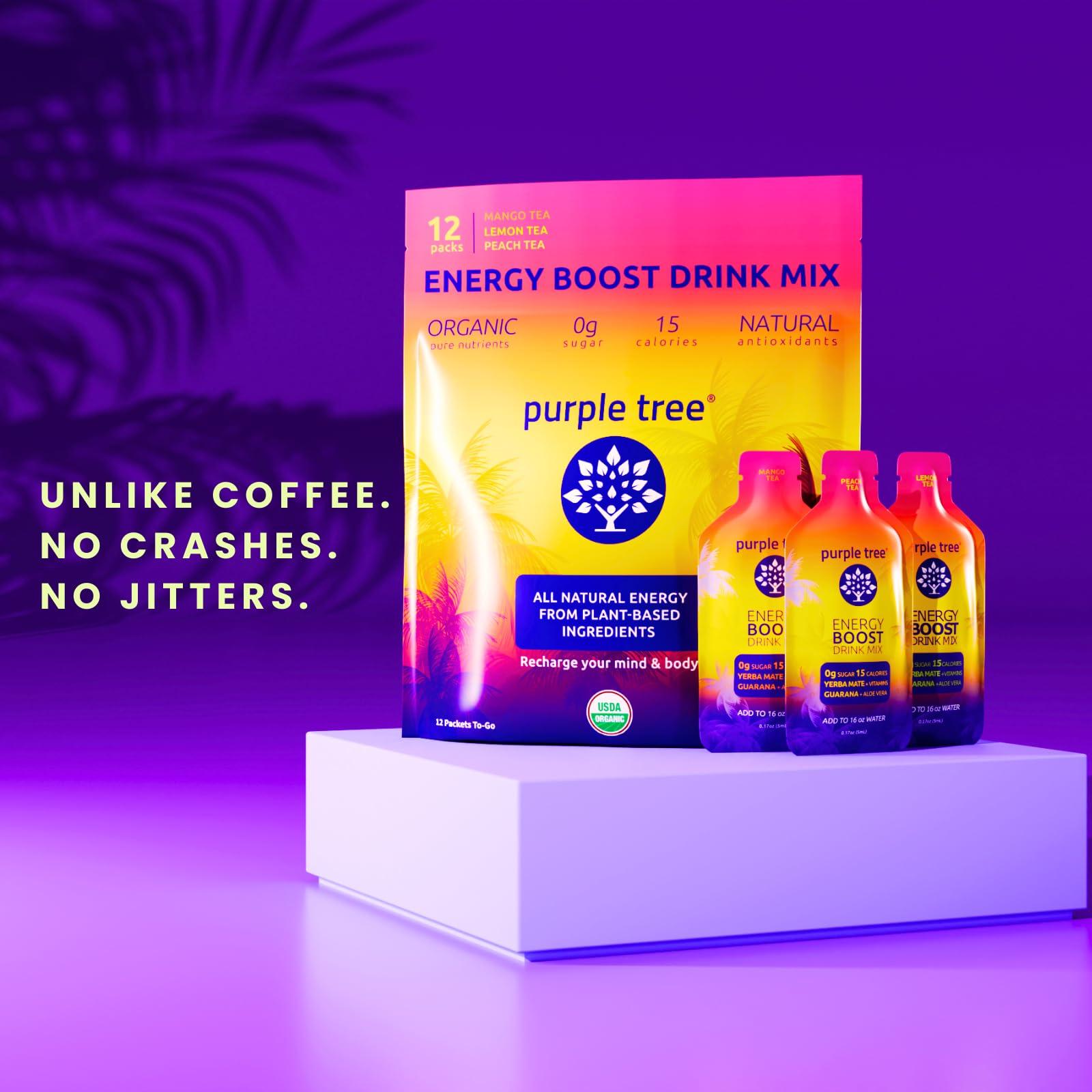 purple tree Purple Tree Organic Energy Stick Packets, Zero Sugar, B12 Vitamins, Lemon Ice Tea Flavor | 80mg Caffeine from Yerba Mate & Guarana to Prevent Crashing, 12 To-Go Packs