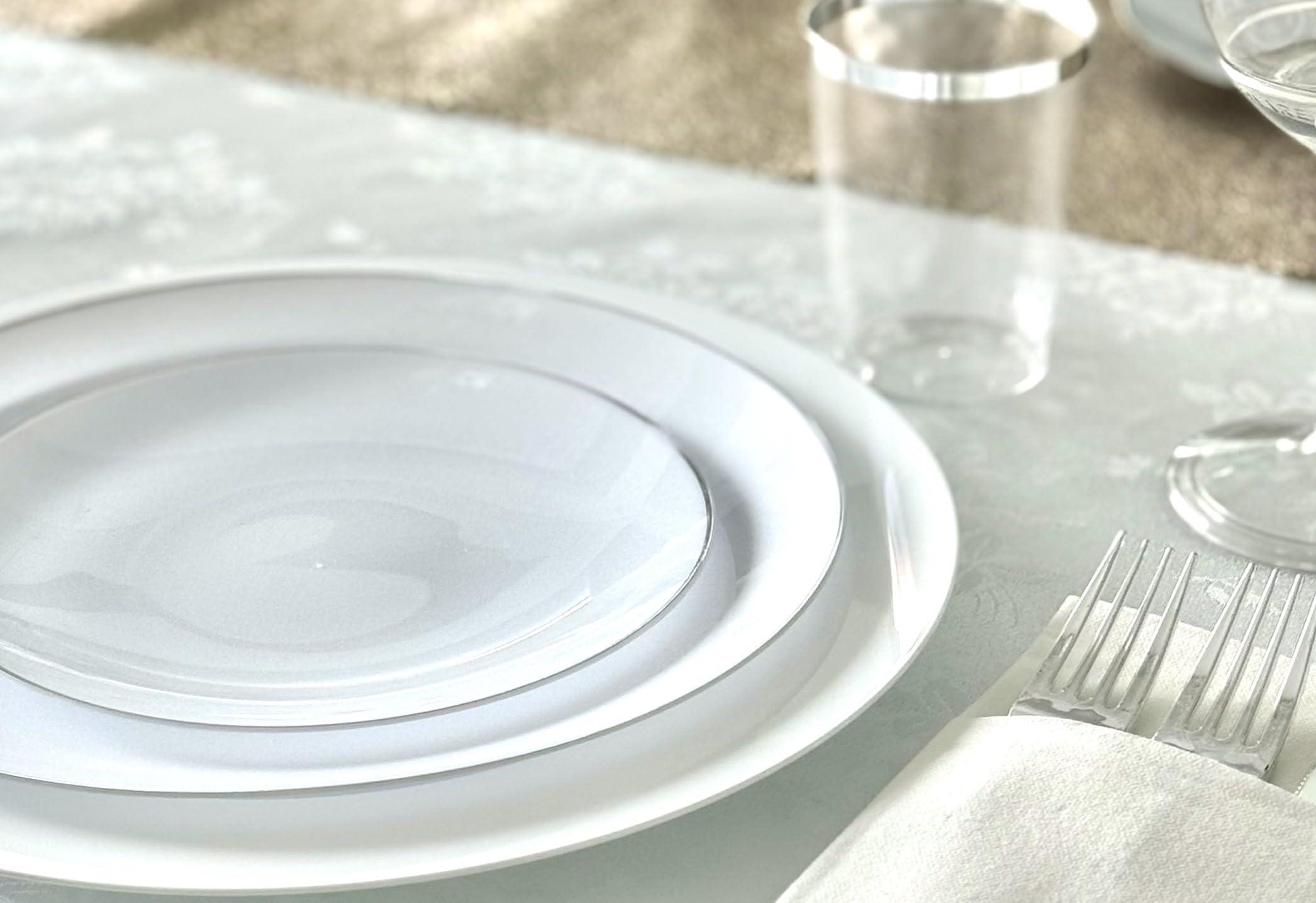 OCCASIONS FINEST PLASTIC TABLEWARE " OCCASIONS " 50 Plates Pack (25 Guests)-Wedding Party Disposable Plastic Plate Set -25 x 10.25'' Dinner + 25 x 7.5'' Salad & Dessert plates (Bali in White & Silver)