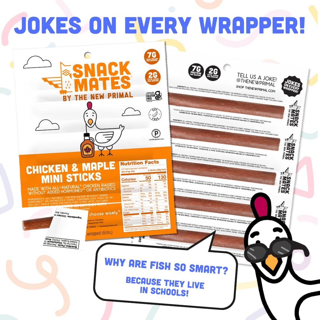 The New Primal The New Primal Snack Mates Chicken & Maple Sticks, Gluten Free Healthy Snacks for Kids, Low Sugar High Protein Back to School Snacks, Mini Paleo Jerky Meat Stick, 7g Protein, 50 Calories, 15 Pack