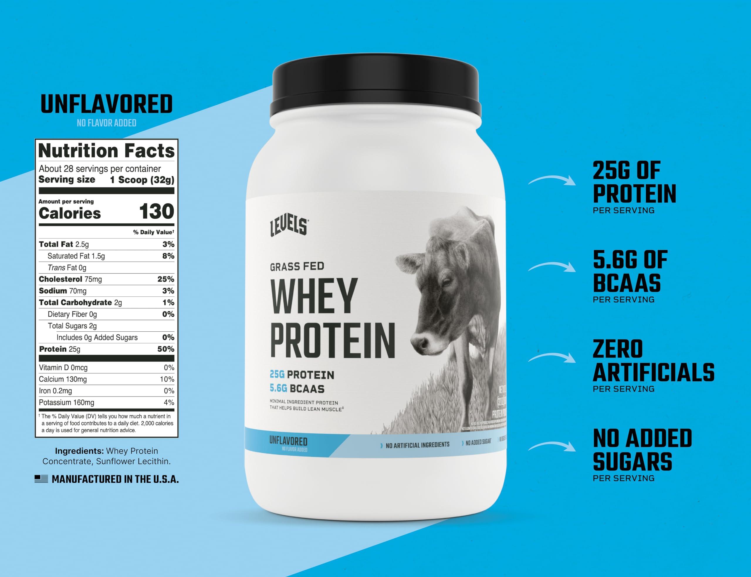 Levels Nutrition Levels Grass Fed Whey Protein, No Artificials, 25G of Protein, Unflavored, 2LB