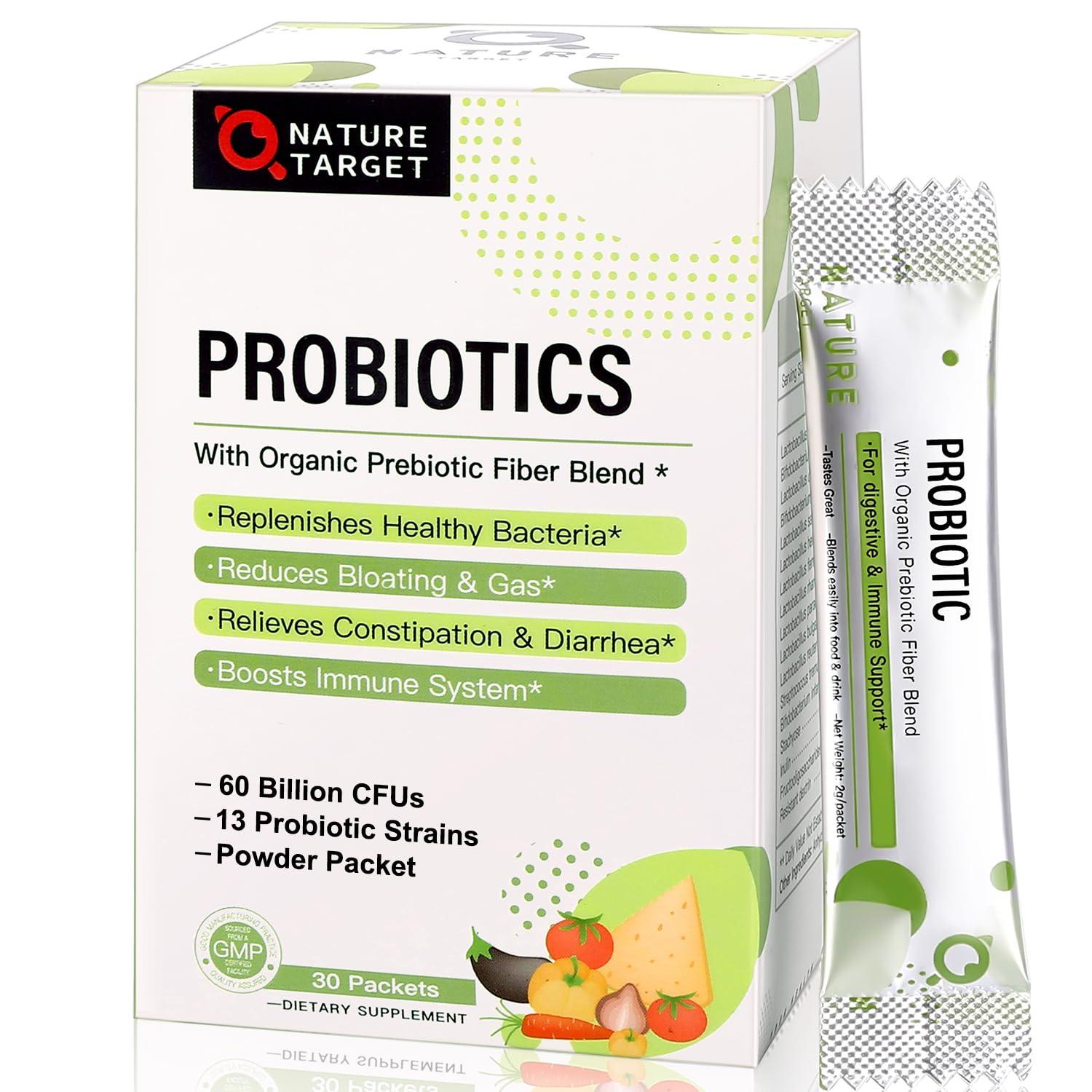 NATURE TARGET NATURE TARGET Probiotics for Women-Men-Kids Probiotic Powder 60 Billion CFUs 13 Strains - Prebiotics and Probiotics for Digestive Health, Shelf Stable, Non-GMO, Gluten Free 30 Packets