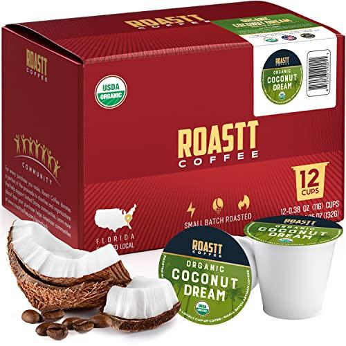 Roastt Coffee Organic Coconut Coffee Pods for Keurig K Cup Compatible Brewers, Organic Medium Roast Caffeinated Coconut Coffee Pods, Brew Hot or over Ice, Compatible with K-Cups and Keurig Brewing Machines Pack of 