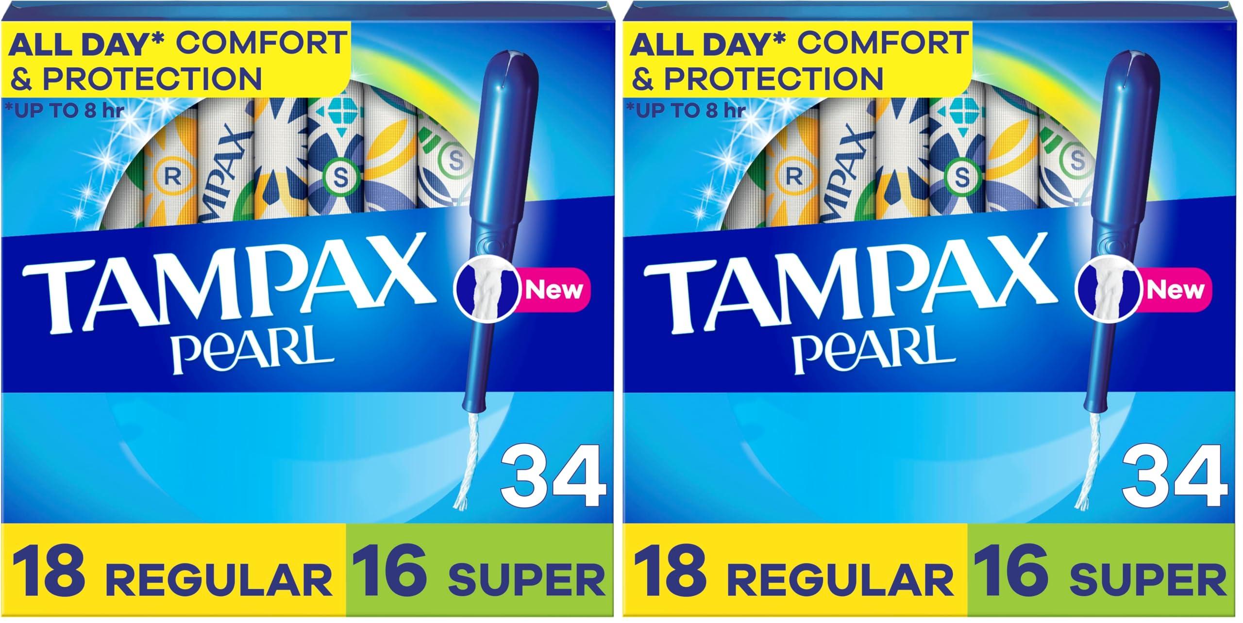 Tampax Tampax Pearl Tampons Multipack, Regular/Super Absorbency, with Leakguard Braid, Unscented, 34 Count (Pack of 2)