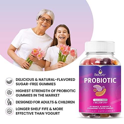 BeLive BeLive Probiotic Gummies - Probiotics with 5 Billion CFUs for Digestive Health, Men, Women & Kids - for Immune Support, Sugar Free & Vegan | 60 Ct – Blueberry, Strawberry & Orange