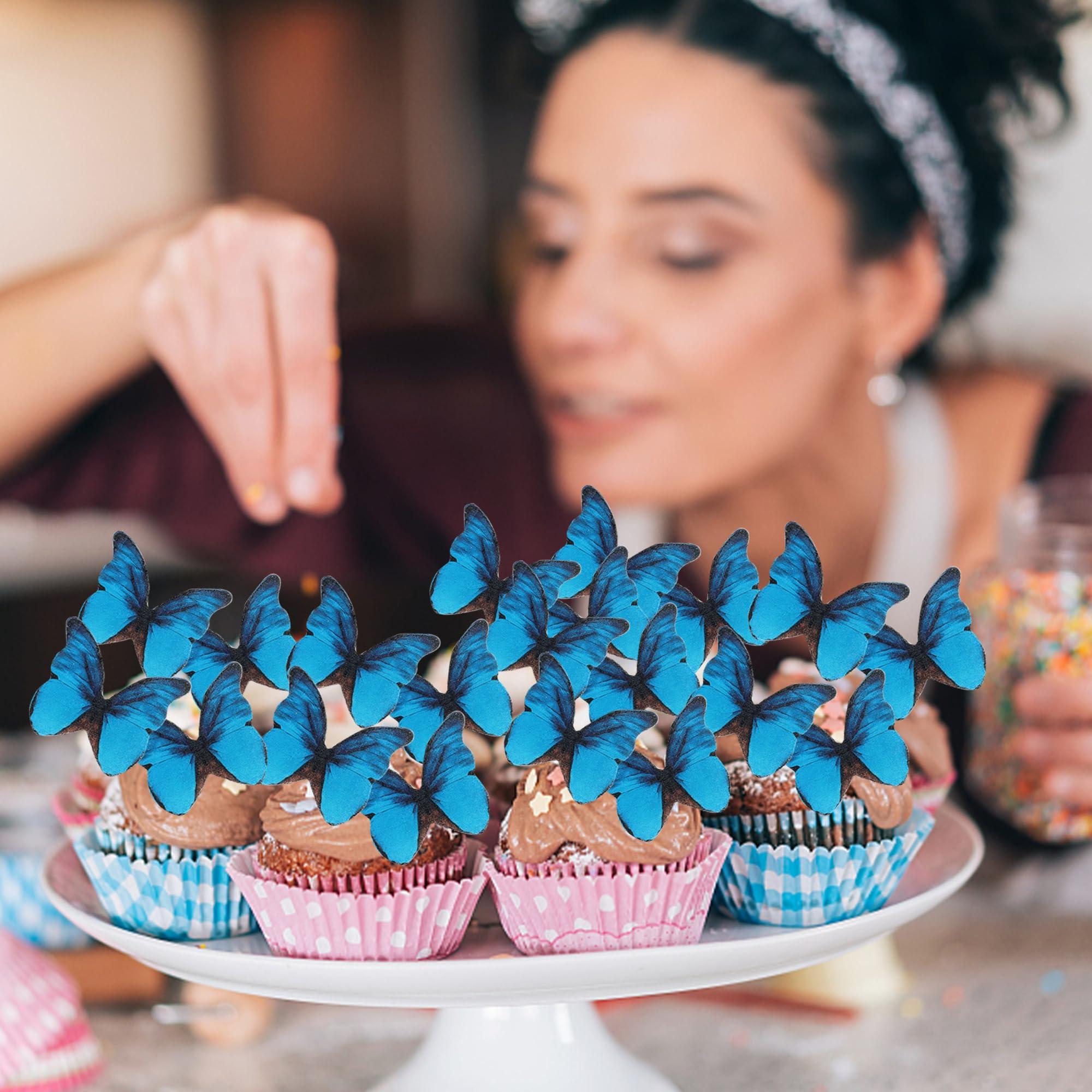 ZHUOWEISM 48PCS Edible Butterfly Cupcake Toppers Edible Butterfies for Cake Decorating Wafer Paper Edible Butterfly Cupcake Picks for Wedding Anniversary Kids Birthday Party Cake Decorations Supplies Blue