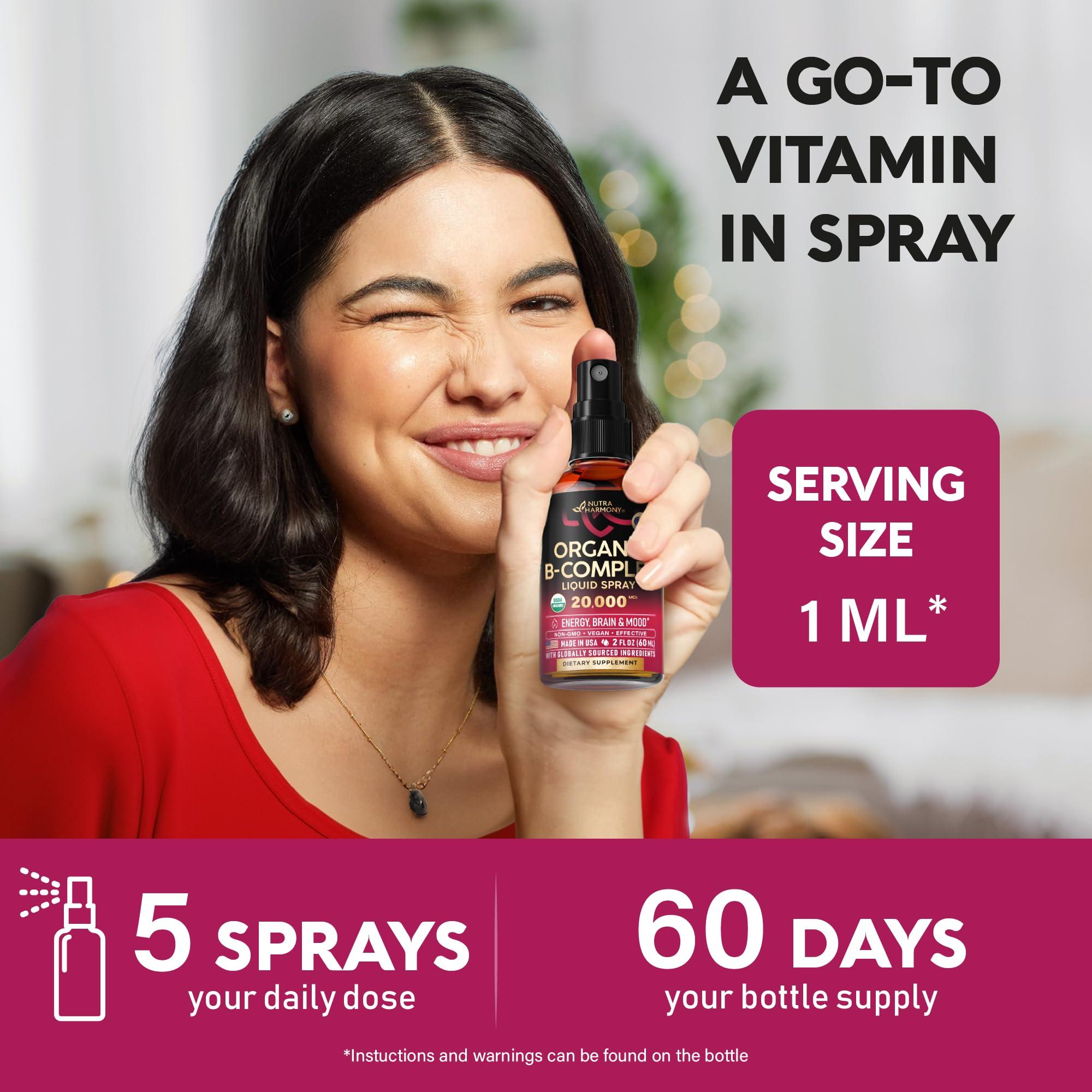 NUTRAHARMONY USDA Organic Vitamin B-Complex Liquid Spray 8-in-1 - B5 Pantothenic Acid | B12 Methylcobalamin | B1 Thiamine | B6 Pyridoxine | B7 Biotin | B9 Folic | B3 Niacinamide - Made in USA Supplement, 2fl oz