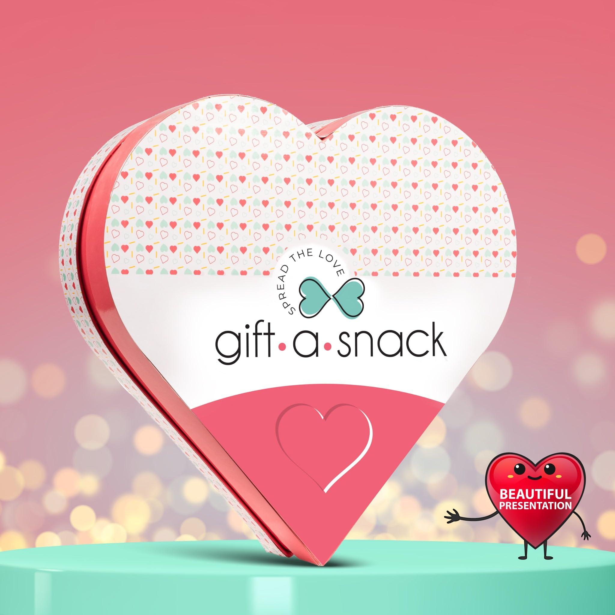 Nut Cravings Gift A Snack - Heart Shape Snack Box Variety Pack Care Package + Greeting Card (40 Count) Birthday Sweet Treats Gift Basket, Candies Chips -