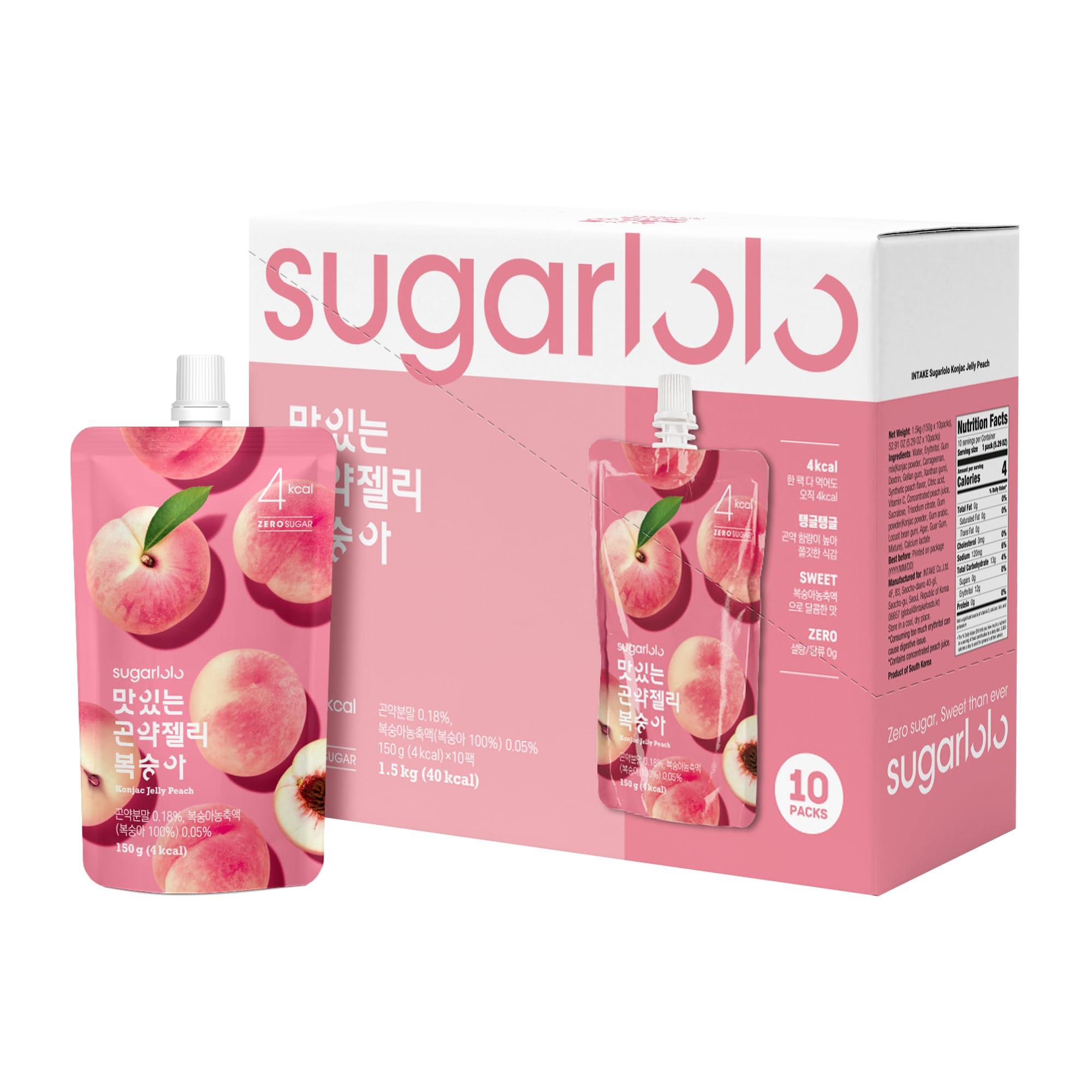 Sugarlolo Sugarlolo Konjac Sweet Peach Jelly Snack - 5.29 Oz (150g) | 10 Pack | Only 4 Calories per Pouch | Vegan Jello with Zero Sugar | Low Calorie Korean Snacks