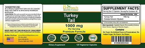 Biotech Nutritions Biotech Nutritions Non-GMO Turkey Tail Mushroom 1000 Mgper Serving 120 Vegetable Capsules