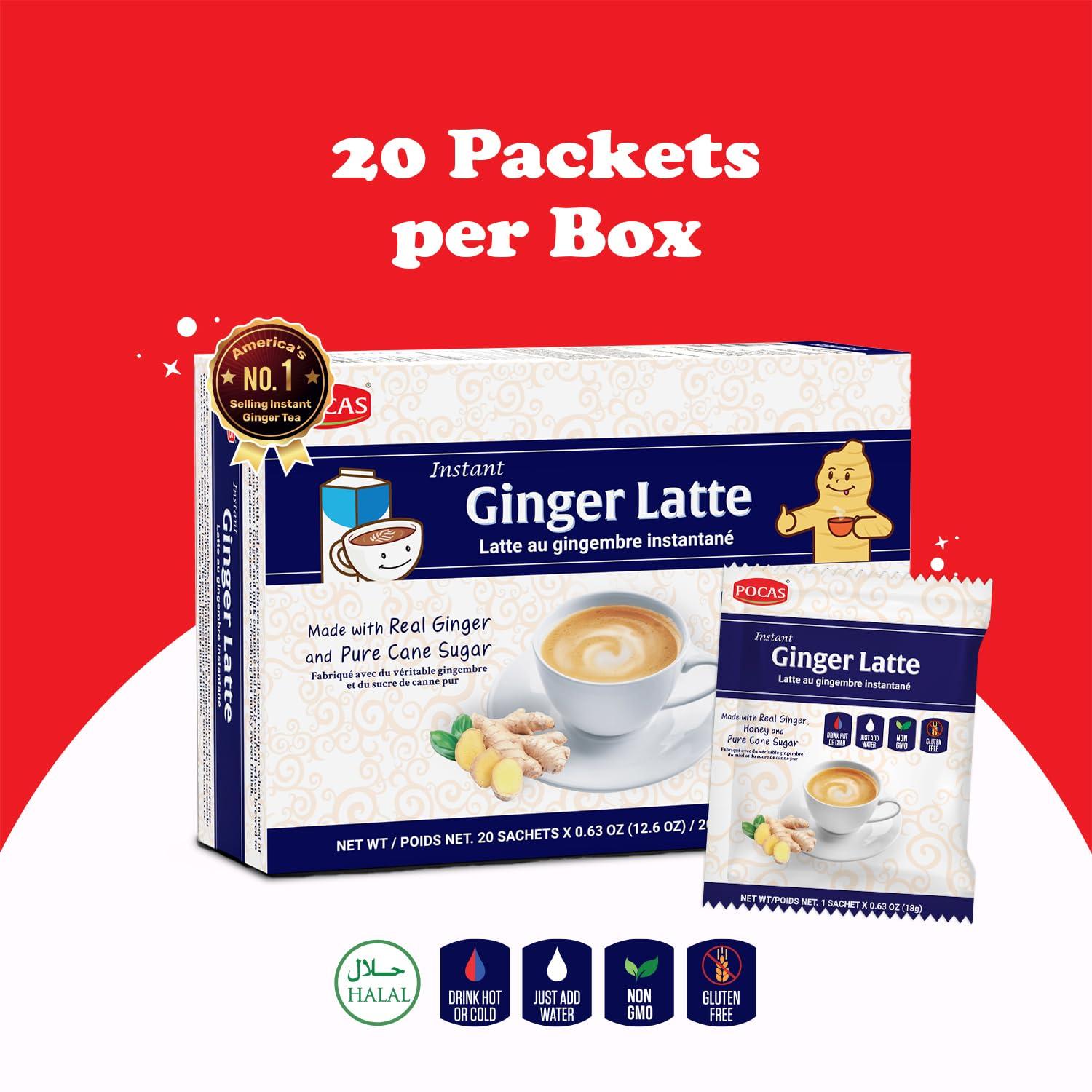 Pocas Pocas Instant Ginger Latte Tea Packets - Real Ginger Instant Tea Blended with Creamer, Green Tea, Pure Cane Sugar, and Milk for a Creamy, Zesty, Soothing Ginger Tea Instant Latte, 20 Count (Pack of 2)