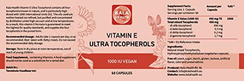 Kala Health Kala Health Vitamin E 1000 IU Ultra Tocopherol 450mg Vitamin E Vegan all 4 Tocopherols - Alpha Tocopherol + Beta Tocopherol + Gamma Tocopherol + Delta Tocopherol Unique d Alpha Tocopherol Vitamin E