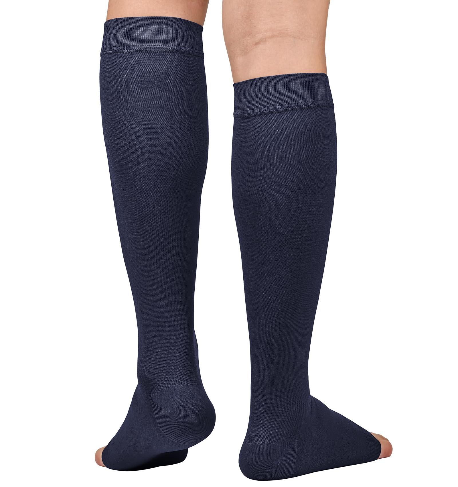 MGANG MGANG 20-30 mmHg Compression Stocking for Men and Women, Medical Compression Socks, Knee High Length, Open Toe, for DVT, Varicose Veins, Relief Shin Splints, Edema, Navy Blue X-Large