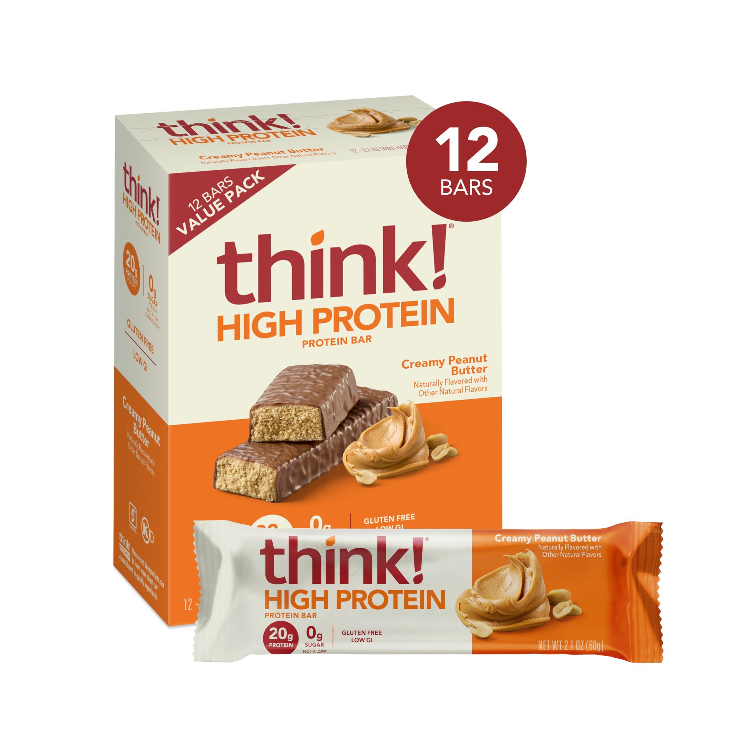 think! think! Protein Bars, High Protein Snacks, Gluten Free, Kosher Friendly, Creamy Peanut Butter, Nutrition Bars, 2.1 Oz per Bar, 12 Count (Packaging May Vary)