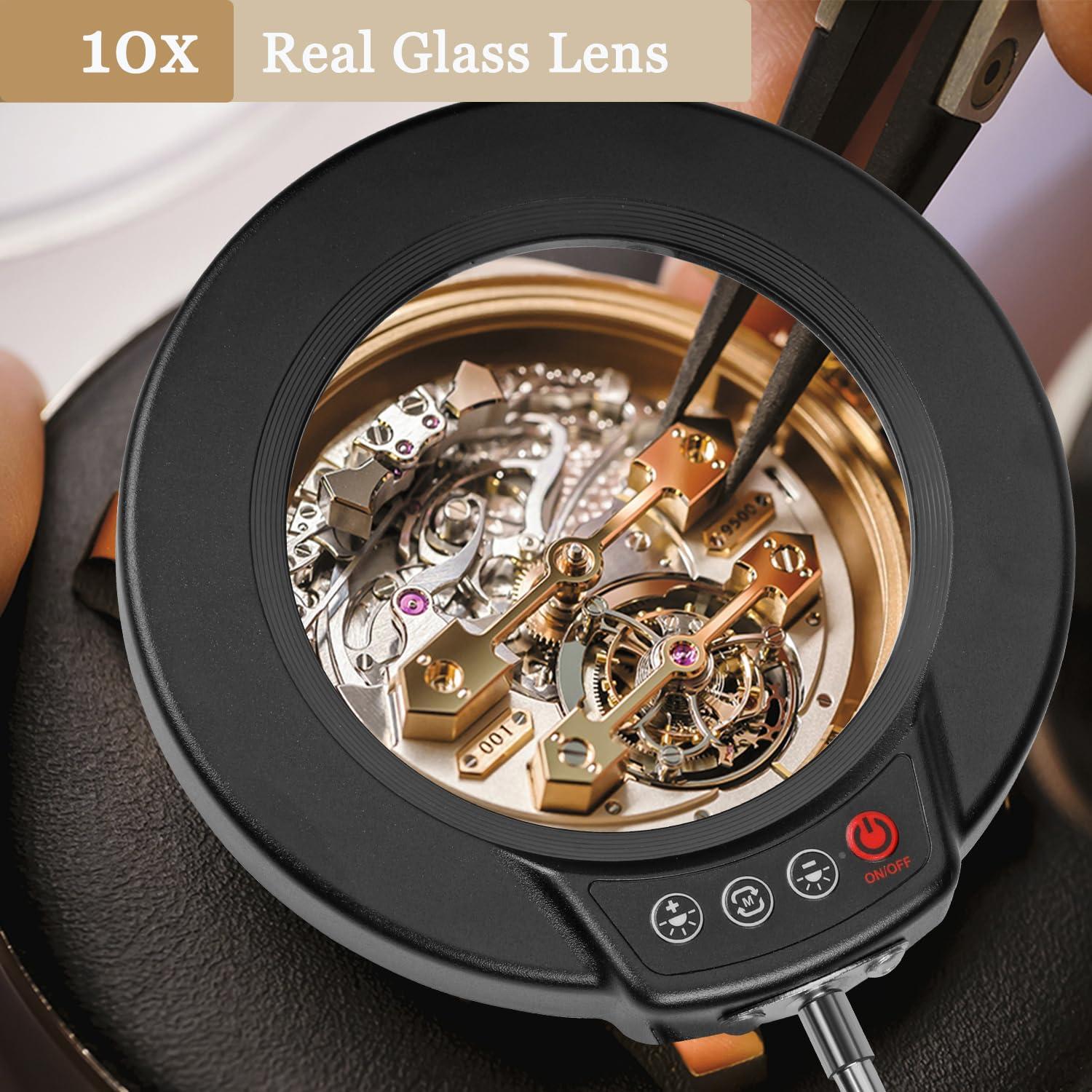 MagnieOpti 10X Magnifying Glass with Light and Clamp, 5 Color Modes Stepless Dimmable Real Glass Lighted Magnifier, Hands Free LED Magnifying Desk Lamp for Painting Craft Close Work Cross Stitch Sewing Retire