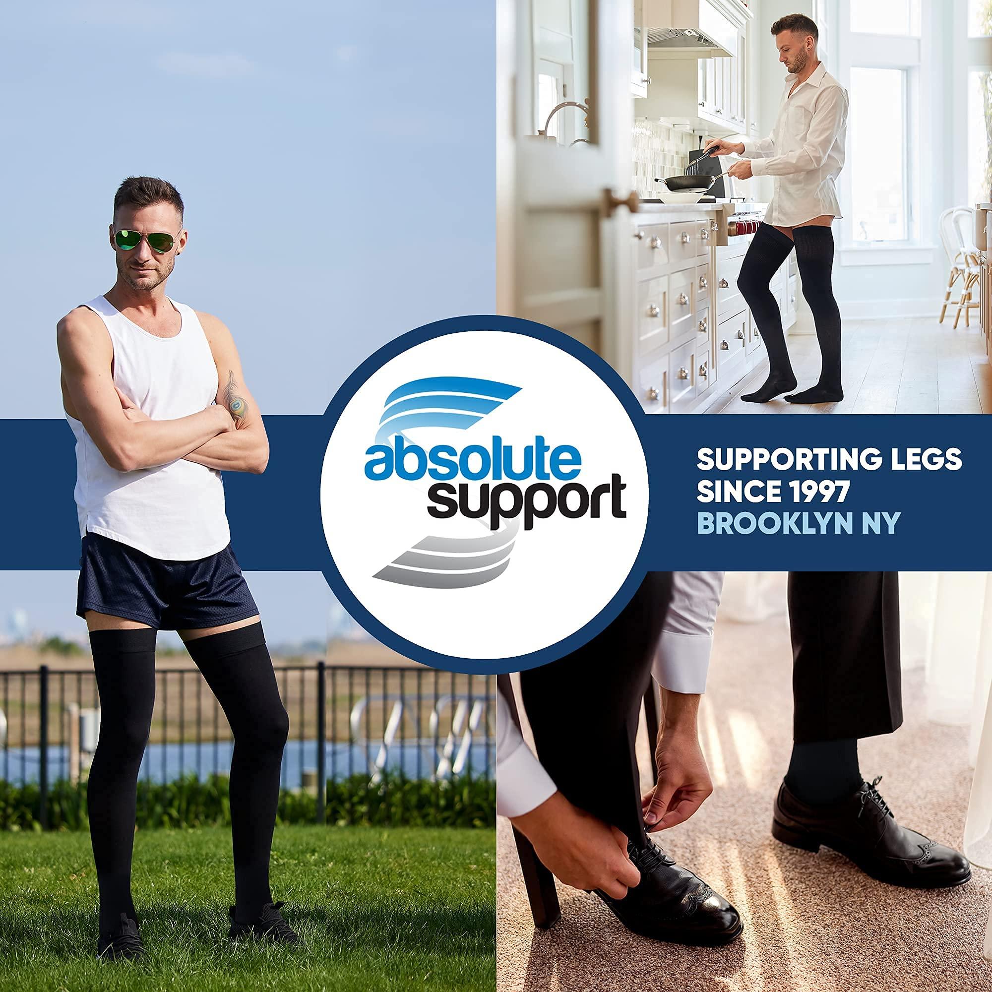 ABSOLUTE SUPPORT Thigh High Compression Socks for Men 20-30 mmHg - Full Length Compression Support Over Knee Stockings - Black, Medium