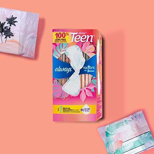 Always Always Radiant Teen Feminine Pads with FlexFoam, Size 1, Regular, with Wings, Unscented, 28 CT