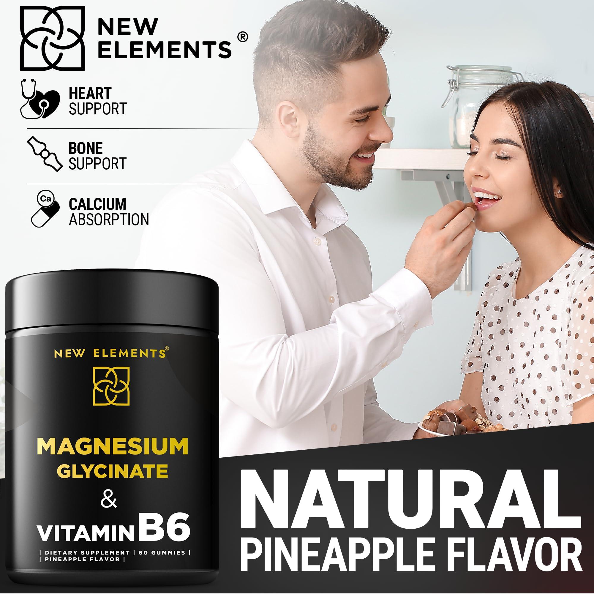 New Elements Magnesium Glycinate Gummies 500mg with Vitamin B6 100mg for Adults and Kids - High Absorption | Non-GMO | No Gluten | Stress Relief | Sleep & Relaxation | Muscle & Heart Support | Natural & Vegan