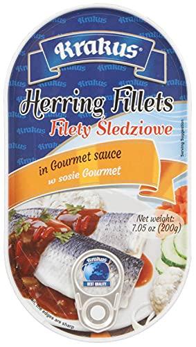 Krakus KRAKUS HERRING FILLETS in variety taste sauce: tomato, mustard, gourmet, pepper 7.05 oz (200g) x 4 pack. Variety taste: PRODUCT OF POLAND.
