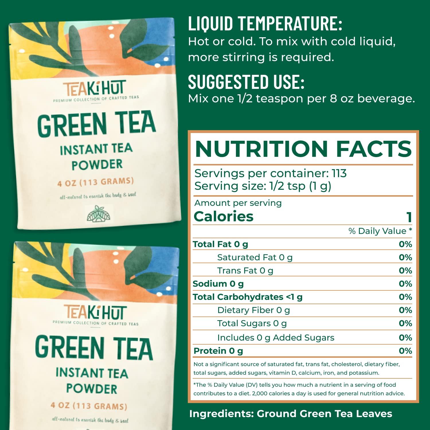 TEAki Hut TEAki Hut Instant Green Tea Powder, 4 oz, Unsweetened Drink Powder, Premium Green Tea Instant Powder for Beverages, Smoothies or Baked Goods, Green Tea Detox, Great Hot or Cold, 113 Servings