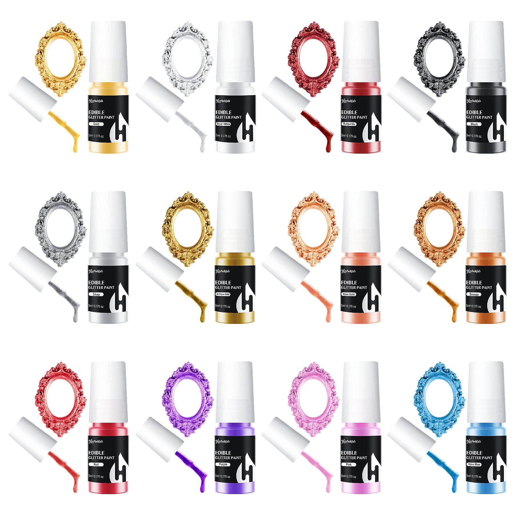 Herbeklab Edible Paint 12 Colors Edible Glitter Paint Metallic Cake Paint Shiny Food Paint for Cake Decorating Cookies Fondant Edible Art Decorative Icing Paint, 5ml / bottle