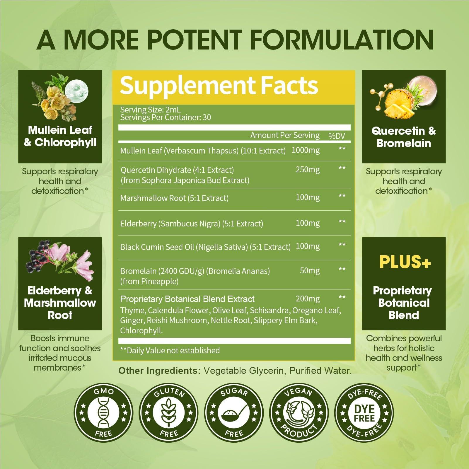 Lukaree Mullein Drops for Lungs, Lung Detox & Cleanse, Vegan Mullein Leaf Extract Tincture with Chlorophyll Elderberry, etc, Natural Herbal Supplement for Respiratory, Immune, 30 Servings