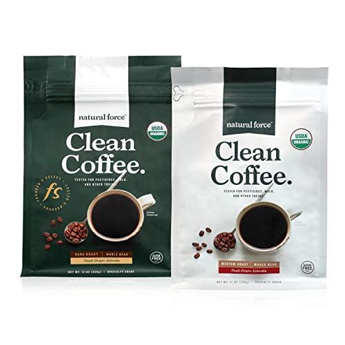 Natural Force Natural Force Clean Coffee Dark + Medium Roast Bundle - Organic, Mold Free, Whole Bean Coffees Tested for Toxins and Powered by Purity – Great Taste + Aroma - 2x 12 Ounce Bags