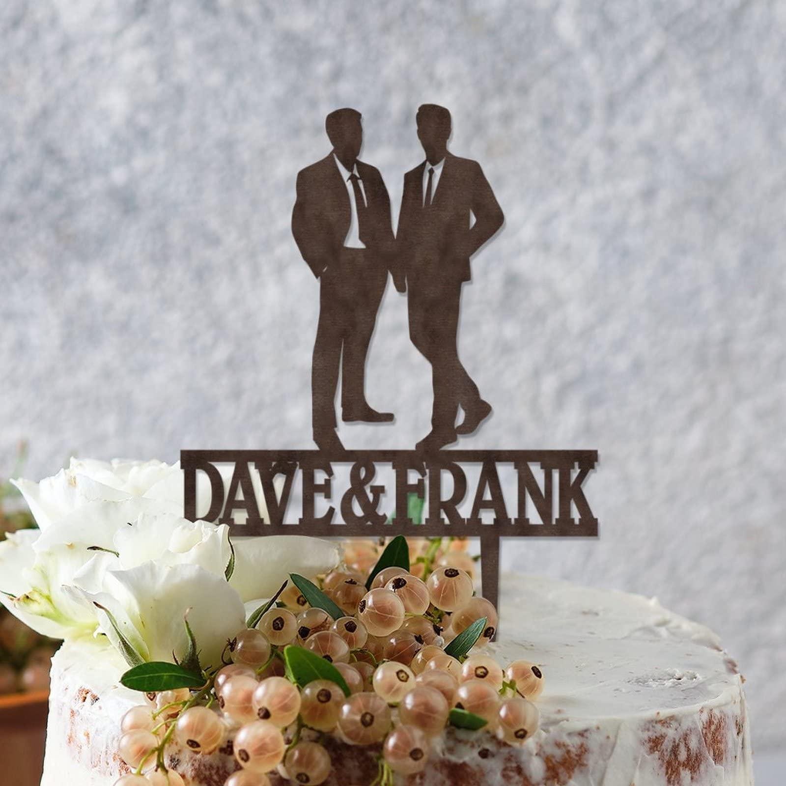 BYRON HOYLE Gay Marriage Silhouette Cake Topper Gay Same Sex LGBT Wedding Cake Toppers Mr & Mr Cake Topper for Wedding His And His Custom Wedding Party Topper LGBT Wood Brown Topper Cake Topper