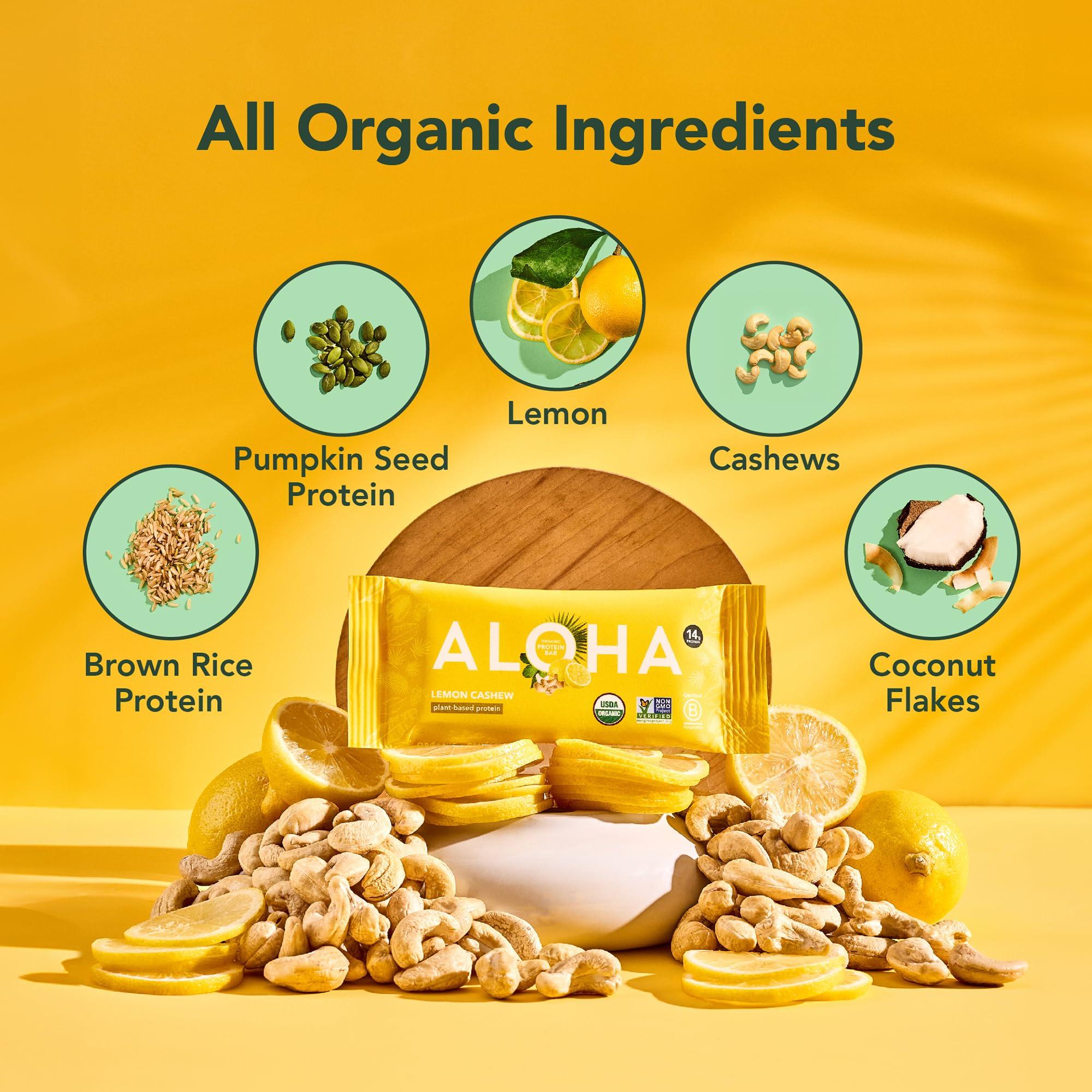 ALOHA ALOHA Organic Plant Based Protein Bars - Lemon Cashew - 12-Count - Vegan, Low Sugar, Gluten-Free, Paleo, Low Carb, Non-GMO, No Stevia & No Erythritol
