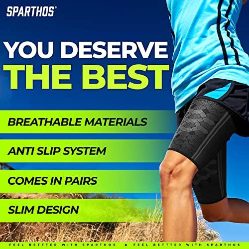 Sparthos Sparthos Thigh Compression Sleeves (Pair) - Upper Leg Sleeves for Men and Women Elastic Support for Sore Hamstring Groin Quad Reduce Cramping Athletic Sports Washable and Durable (Black-XL)