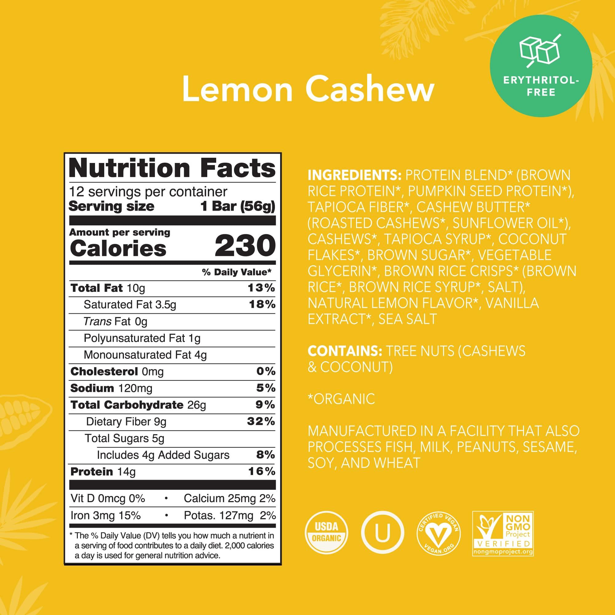 ALOHA ALOHA Organic Plant Based Protein Bars - Lemon Cashew - 12-Count - Vegan, Low Sugar, Gluten-Free, Paleo, Low Carb, Non-GMO, No Stevia & No Erythritol