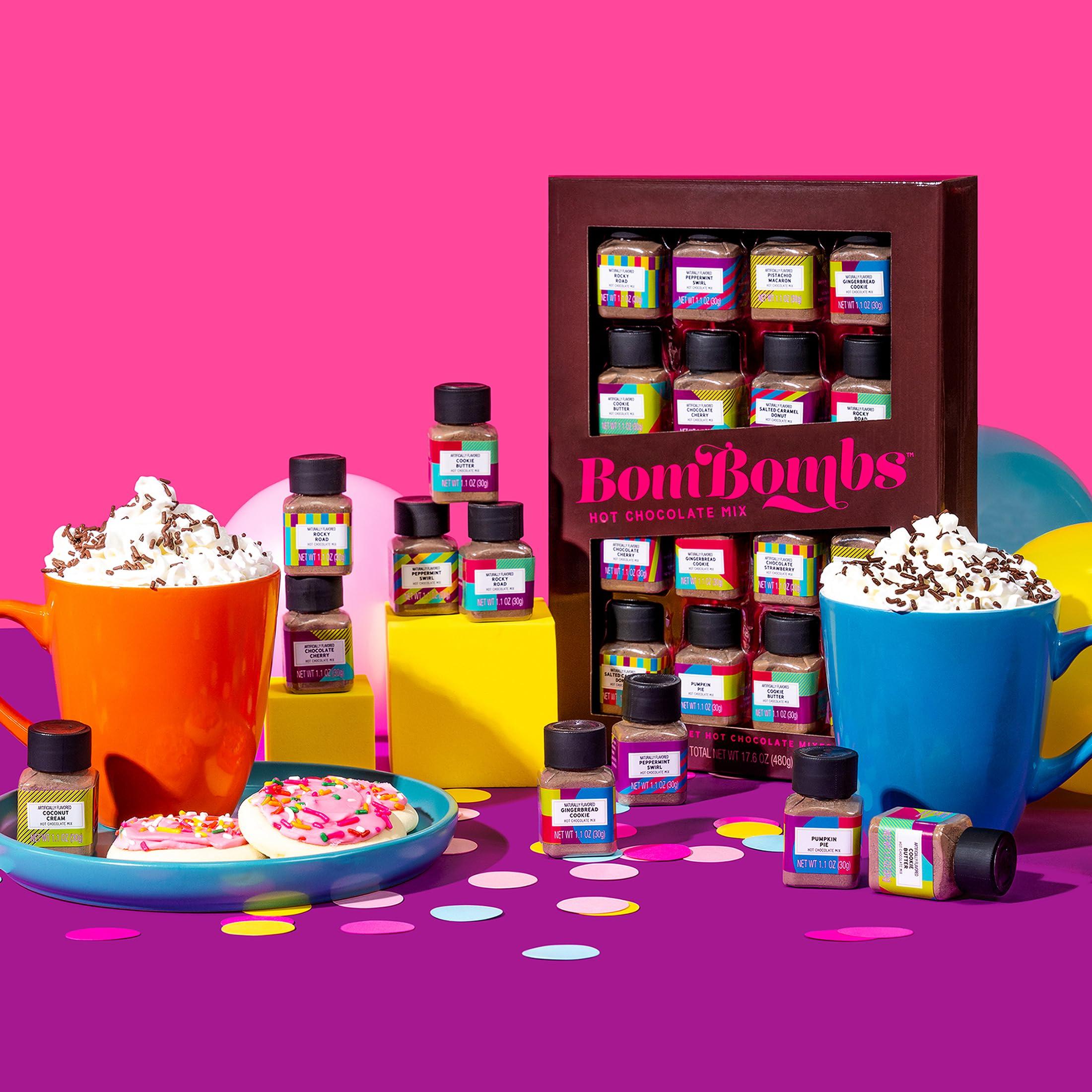 Thoughtfully BomBombs, Hot Chocolate Mix Gift Set in Mini Bottles, Flavors Include Rocky Road, Pumpkin Pie, Chocolate Cherry, Peppermint Swirl, Salted Caramel Donut & More, Sampler Set of 16