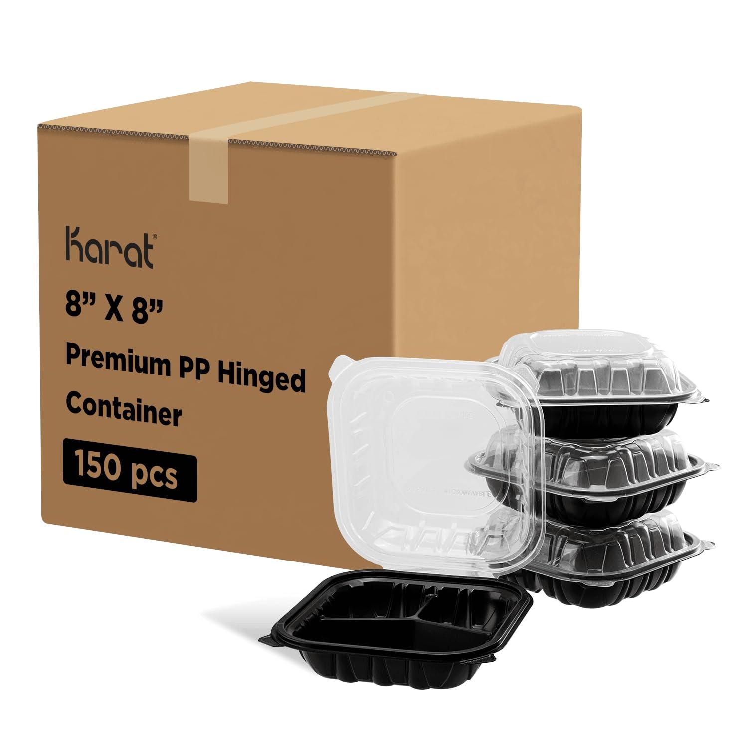 Karat Karat Premium PP Hinged Container, Take Out Food Containers - Case (8\"x8\", 3 compartments)
