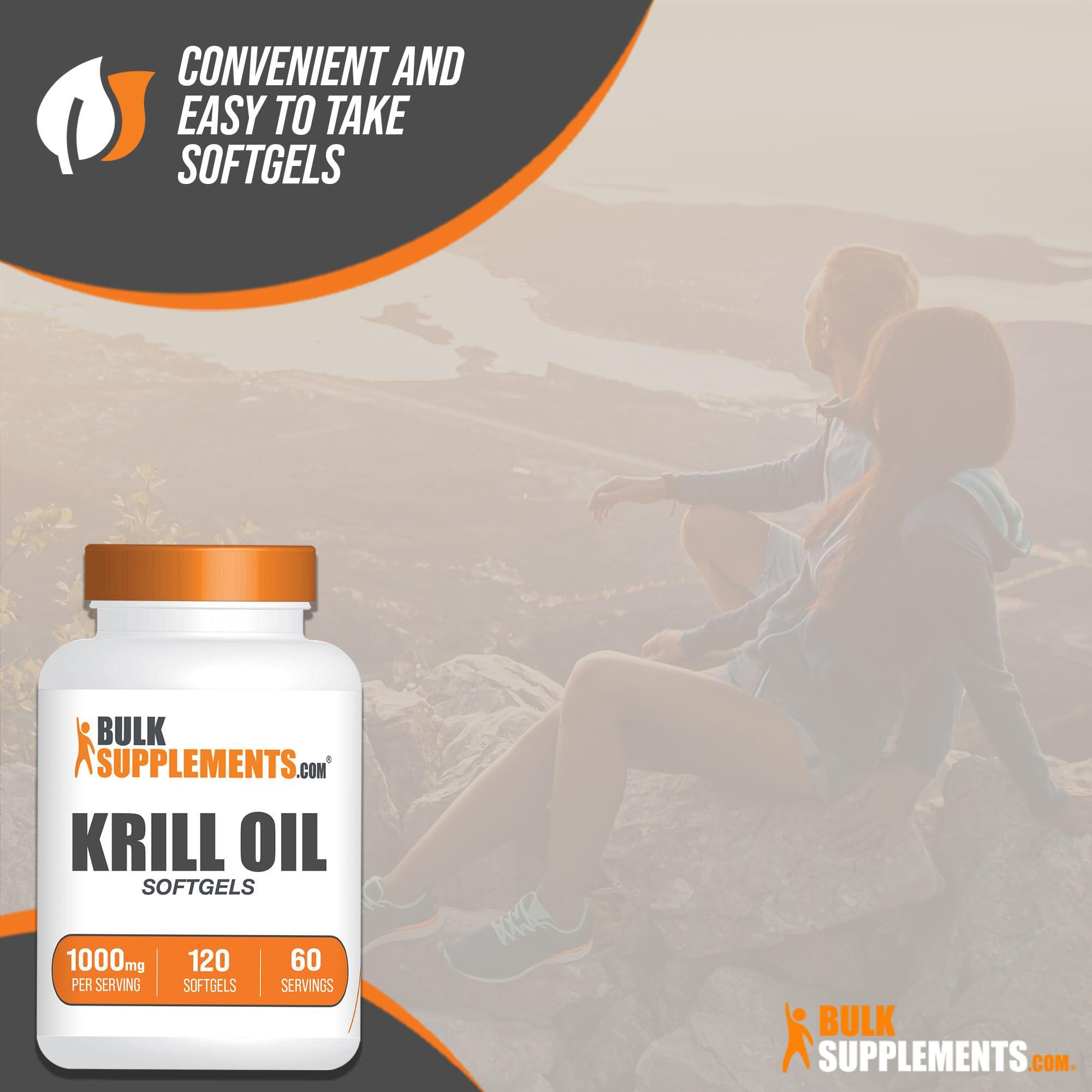 BULKSUPPLEMENTS.COM BulkSupplements.com Krill Oil 1000mg Softgels - Krill Oil Supplement, Antarctic Krill Oil, DHA Supplements - Krill Oil Omega 3, 2 Krill Oil Softgels per Serving (1000mg), 120 Softgels