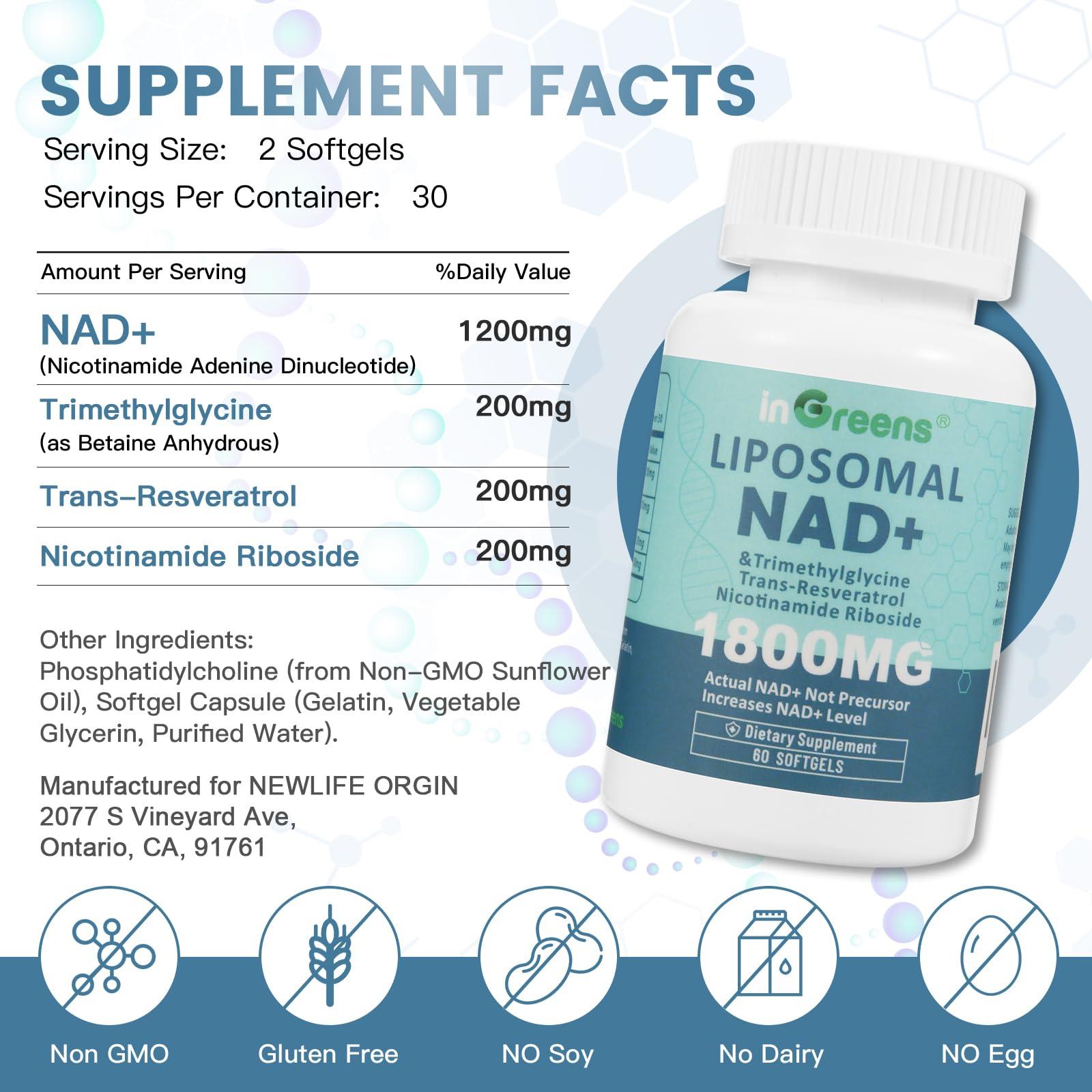inGreens Liposomal NAD+ Supplement 1800 mg with Nicotinamide Riboside, Trans Resveratrol, Trimethylglycine, Replaces NMN, Boost NAD+, Aging Defense, Cellular Energy, 60 Softgels