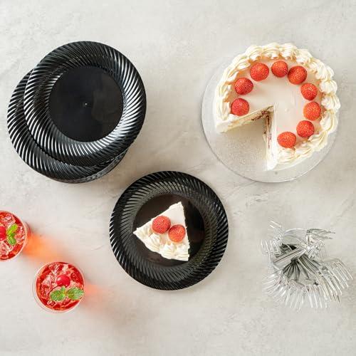 Restaurantware Restaurantware Moderna 7 Inch Premium Disposable Plates 40 Round Plastic Plates For Parties - Wave Pattern Heavy-duty Black Plastic Dinner Plates For Warm And Cold Foods Ideal For Cafes