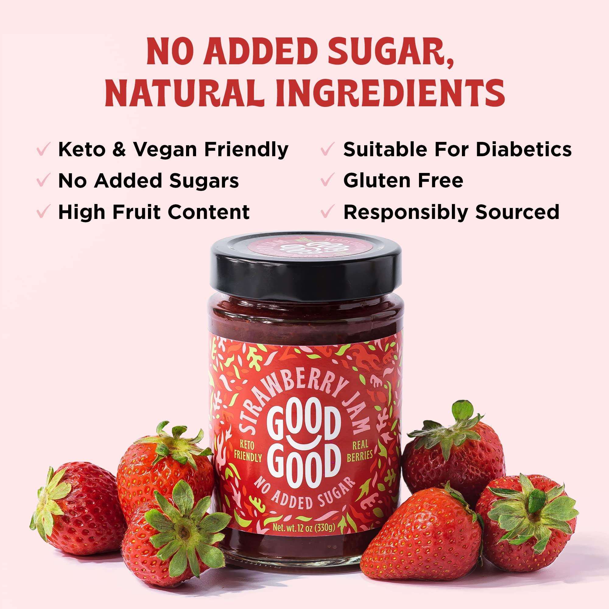 GOOD GOOD NATURAL SWEETNESS GOOD GOOD No Added Sugar Strawberry Jam - Keto Friendly Jelly - Low Carb, Low-Calorie and Vegan - Diabetic Friendly - 12oz / 330g (Pack of 4)