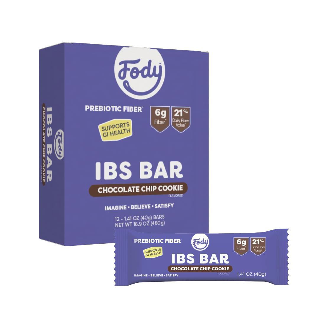 Fody Fody Foods IBS Bar | Chocolate Chip Cookie | Low Fodmap Snack | Supports GI Health | 6 Grams Prebiotic Fiber | Gluten & Lactose Free, Vegan | Pack of 12