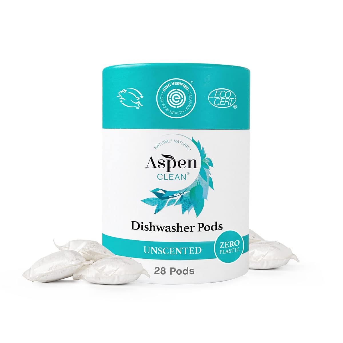 AspenClean Unscented Dishwasher Pods by AspenClean, Dye-Free, Zero Plastic, EWG Verified, Vegan, Eco-Friendly, Natural Dishwasher Detergent - 28 Count