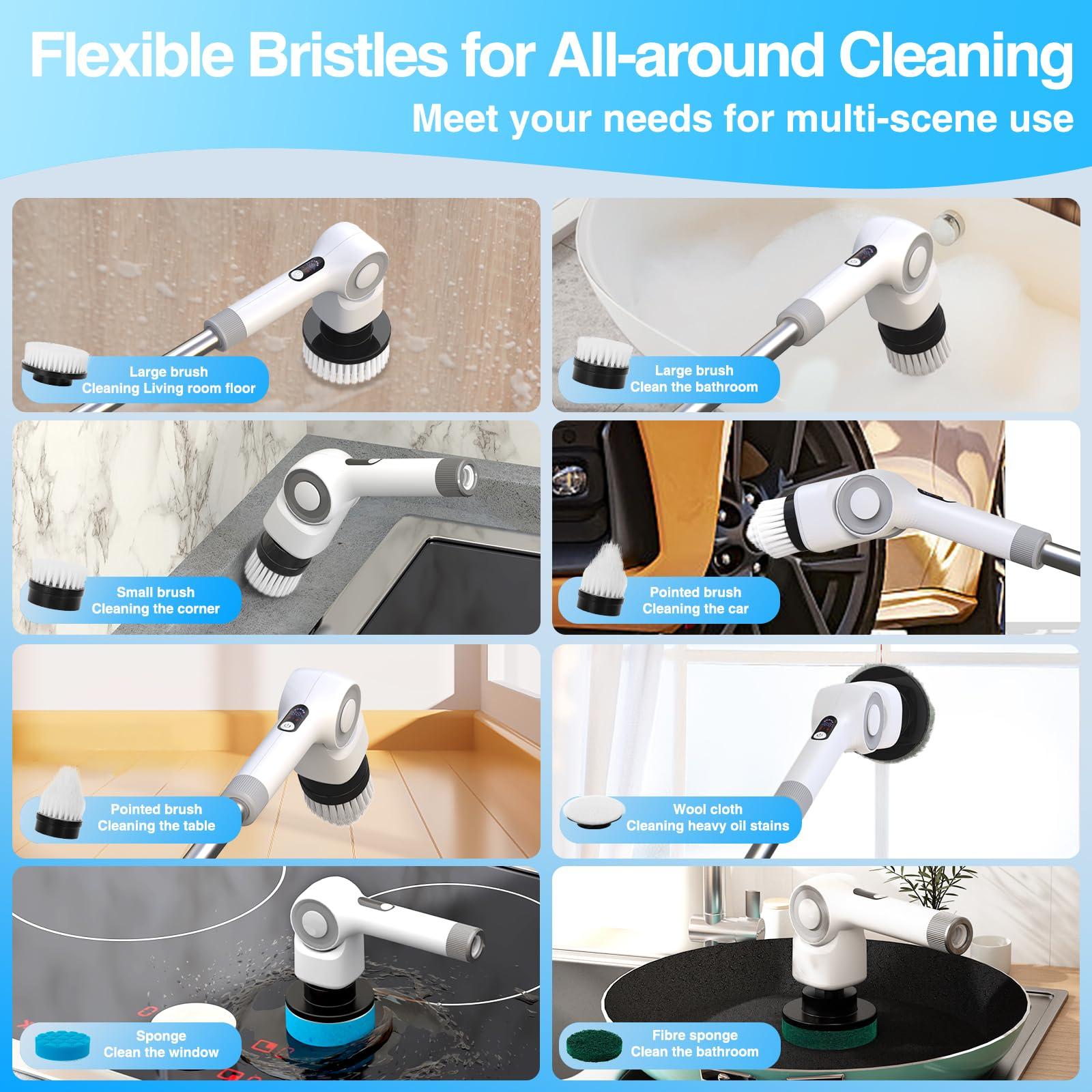 Bamifun Angle Adjustable Electric Spin Scrubber Cordless Cleaning Brush with 3 Speeds Cordless Scrubber Home Electric Scrubber Power Scrubber Shower Scrubber Power Display Screen for Bathroom Kitchen