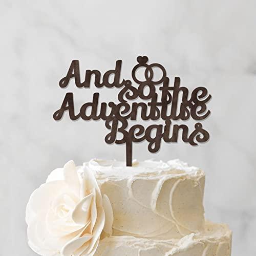 YJHLBHDIAN And So The Adventure Begins Rings Cake Topper for Wedding Mr And Mrs Cake Topper for Wedding Bridal Shower Cake Toppers Custom Last Name Couple Married Gift Personalized Topper Wood Brown