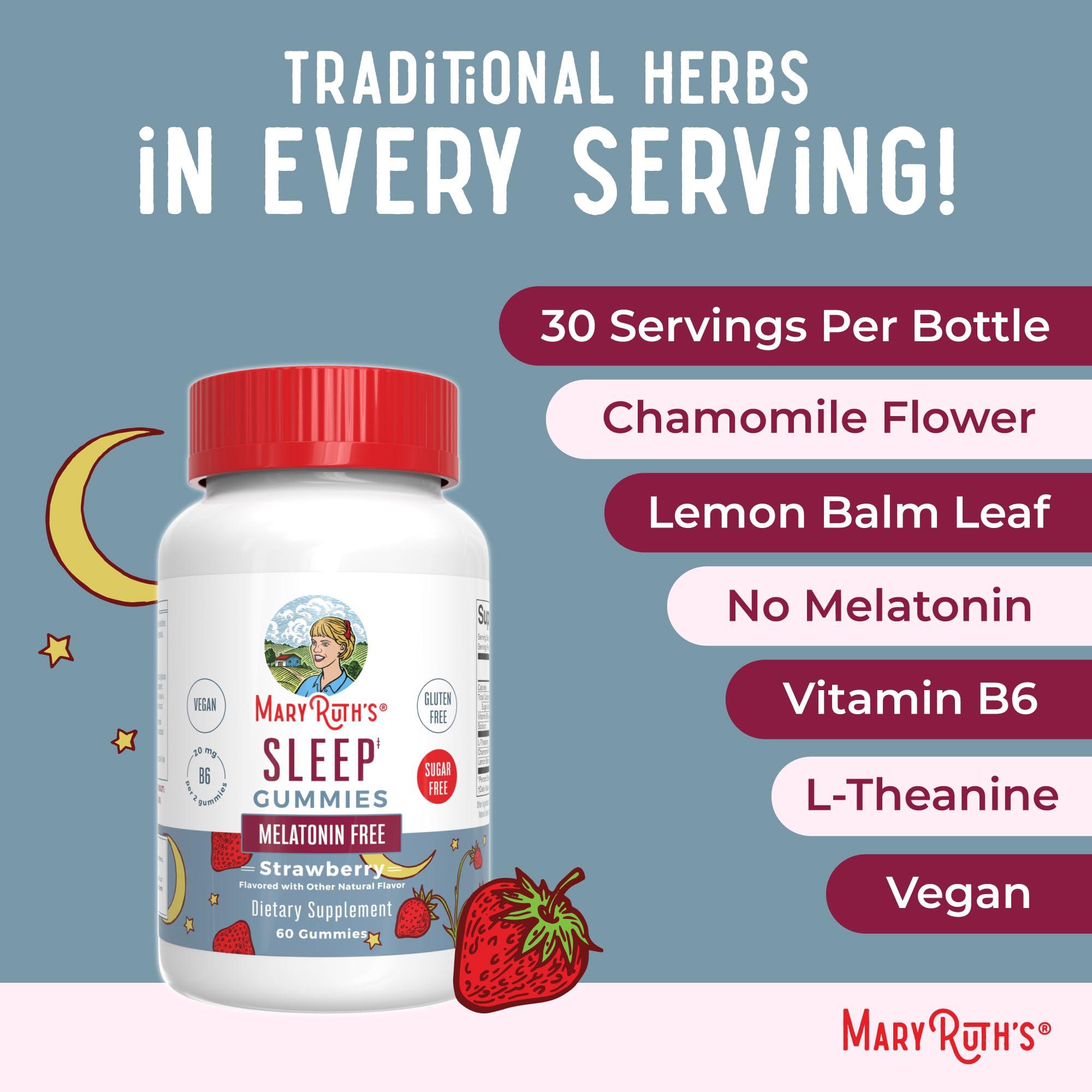 MaryRuth Organics MaryRuth Organics Sleep Gummies | Sugar Free | NO Melatonin | L Theanine | Lemon Balm Leaf | Chamomile | Vitamin B6 | Relaxation & Sleep Support | Stress Relief | Vegan | Gluten Free | 60 Count