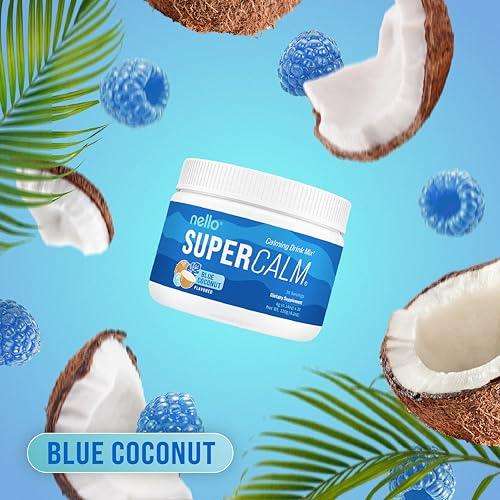 Nello Nello Supercalm Powdered Drink Mix, Blue Coconut, L Theanine, Ksm-66 Ashwagandha, Magnesium Glycinate, Vitamin D 3, Supplements for Relaxation & Focus, No Sugar, Non GMO, Vegan, On The Go, 30 Srvgs