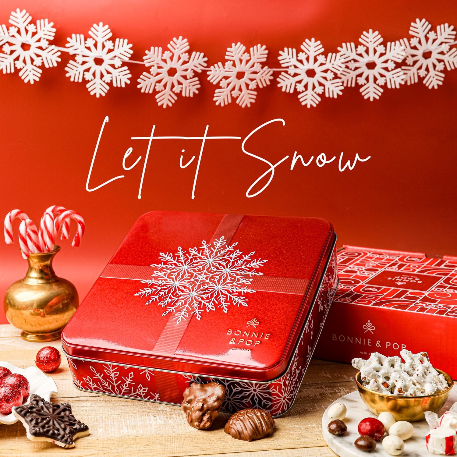 BONNIE AND POP Bonnie and Pop's Holiday Tin- with Assorted Christmas Chocolate, Nuts, Bark, Truffles – Festive, Corporate, Family, Gift Basket Idea for Men and Women