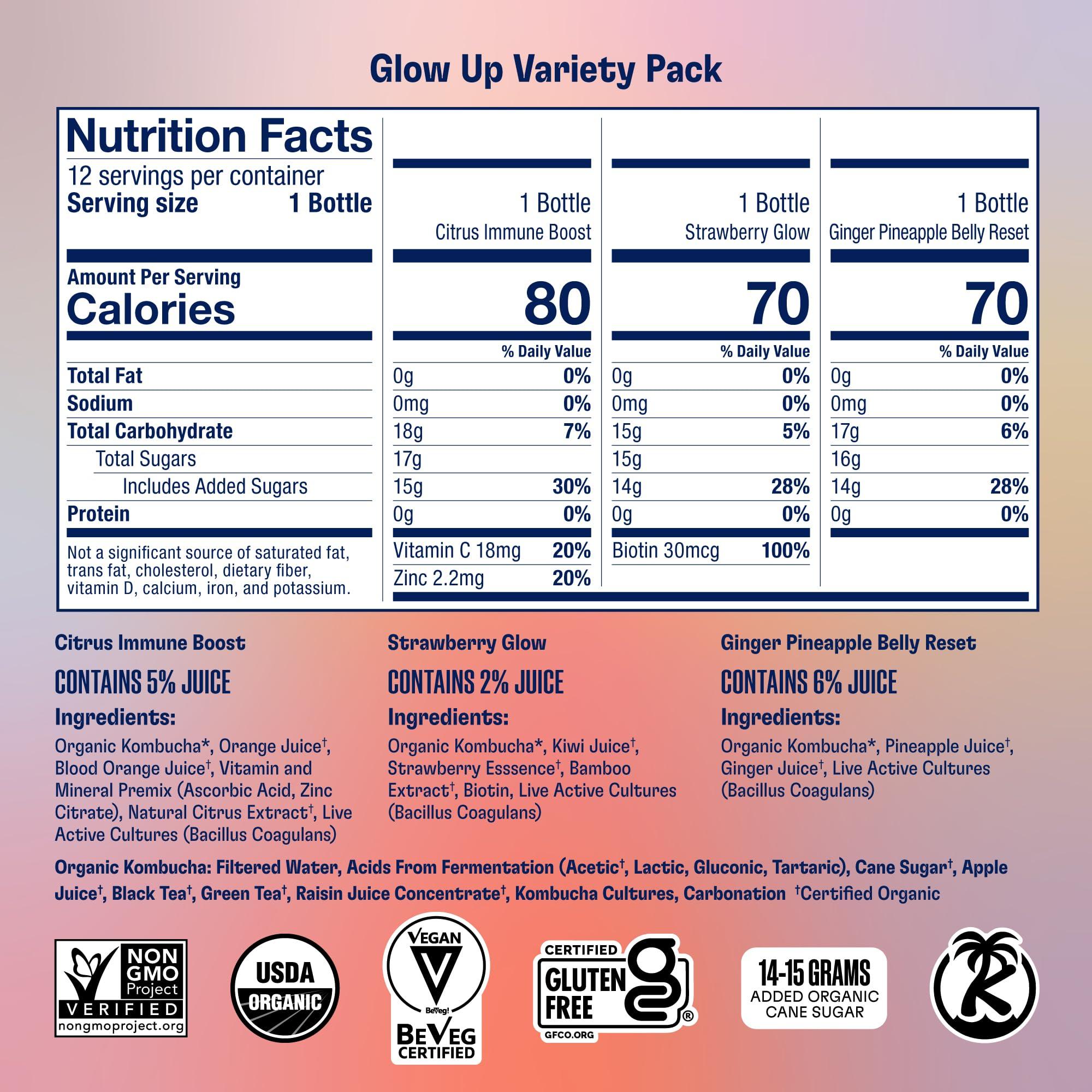 Health-Ade Health-Ade Kombucha Tea Organic Drink, Fermented Tea with Living Probiotics, Detoxifying Acids, Supports Gut Health, Non-GMO, Vegan, Gluten Free, 12 Pack (16 Fl Oz Bottles), Glow Up Variety Pack