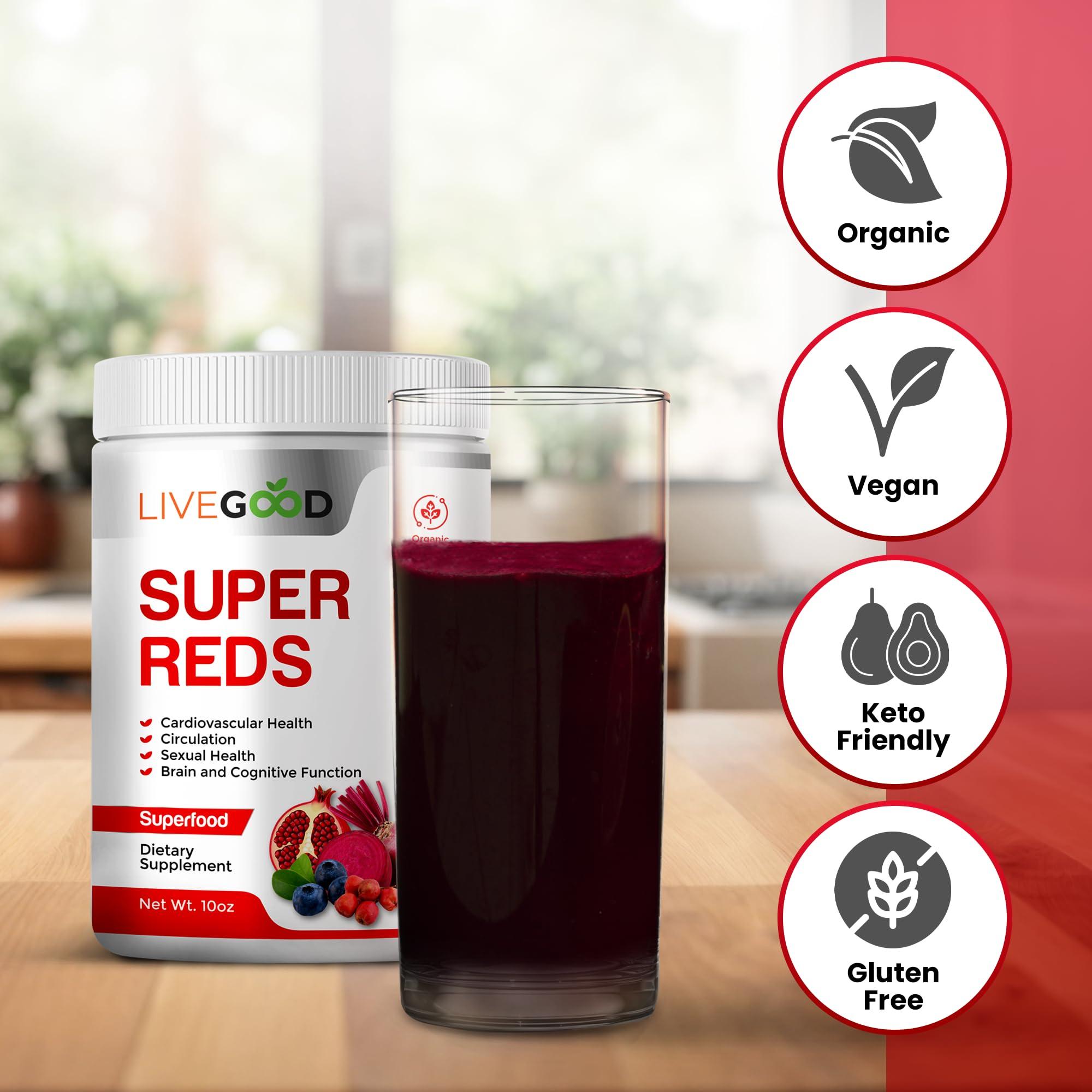 LIVEGOOD LIVEGOOD Organic Super Reds with Alfalfa, Barley Grass, Beet Root, Pomegranite, Grape Seed, Vegan, Gluten Free, 7.2 oz.